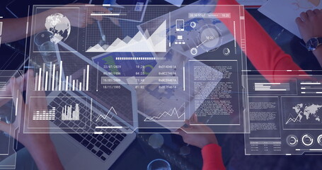 Poster - Image of financial data processing over diverse business people in office