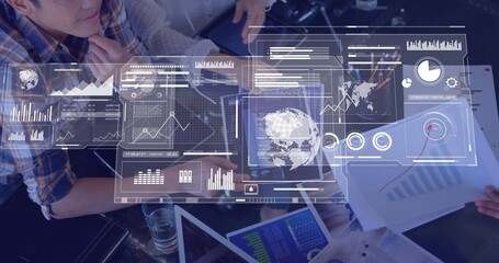 Poster - Image of financial data processing over diverse business people in office
