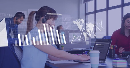 Poster - Image of financial data processing over diverse business people in office