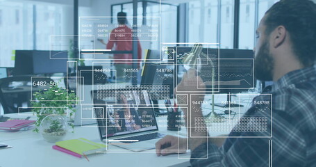 Poster - Image of financial data processing over biracial businessman in office