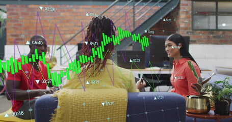 Poster - Image of financial data processing over diverse businesspeople in office