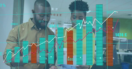 Poster - Image of data processing and diagrams over african american colleagues discussing work in office
