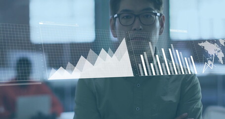 Poster - Image of financial data processing over asian businessman in office