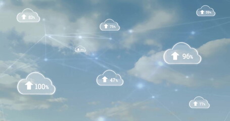 Poster - Image of network of connections with digital clouds over blue sky and clouds