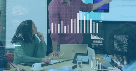 Poster - Image of charts processing data over colleagues at casual office meeting