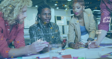 Poster - Image of data processing over diverse colleagues discussing at casual office