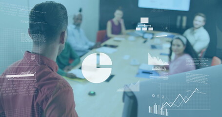 Poster - Image of charts processing data over caucasian casual businessman presenting at office meeting