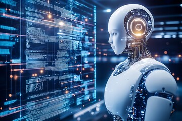 Leinwandbilder - Advanced artificial intelligence robot exploring data on digital screens in a high-tech laboratory : Generative AI