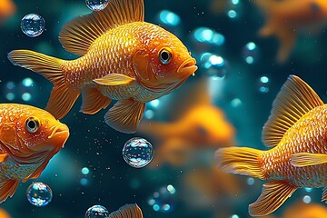 Aufkleber - Four Orange Fish Amongst Reflective Bubbles in a Tranquil Marine Setting : Generative AI