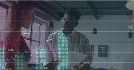 Poster - Image of data processing and diagrams over diverse colleagues discussing work in office