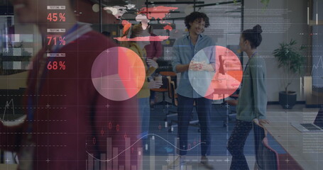 Poster - Image of data processing and diagrams over diverse colleagues discussing work in office