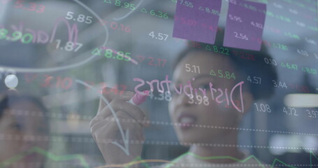 Poster - Image of financial data processing over diverse businesswomen in office