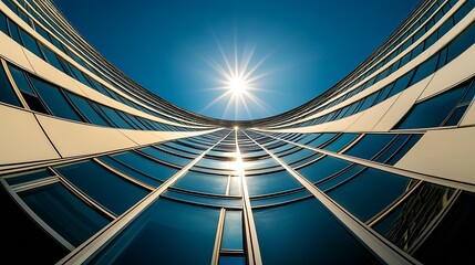 Poster - Modern Architectural Building Skyscraper With Sunburst Reflection in Glass Facade Under Blue Sky : Generative AI