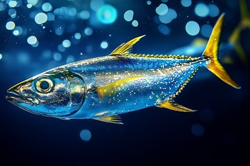 Poster - Glittering Yellowfin Tuna with Sparkling Oceanic Background : Generative AI