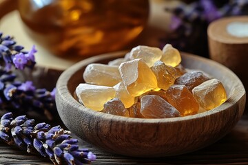 Aufkleber - Rustic Display of Amber Crystals With Lavender on Dark Wooden Background : Generative AI