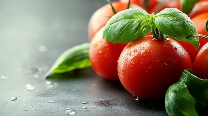 Poster - Close-up vibrant tomatoes with basil on wet slate surface for cooking inspiration : Generative AI