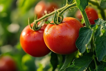 Poster - Close-Up of Dew-Kissed Tomatoes on Vibrant Green Vine in Sunlit Garden : Generative AI
