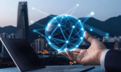 Fototapete - A futuristic scene of a hand holding a glowing holographic globe with digital network connections surrounding