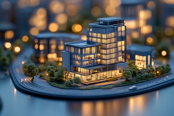 Poster - Illuminated Miniature Modern Cityscape with High-Rise Buildings in Evening Glow : Generative AI