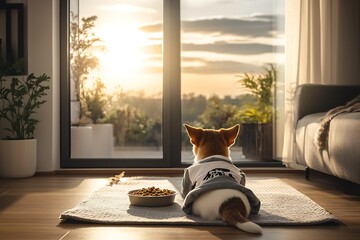 Poster - Charming Doggy Sunset Gazing in Cozy Room with Urban Landscape View : Generative AI