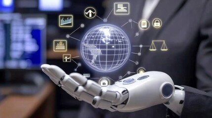 Poster - Futuristic Robotic Hand Holding Glowing Digital World Graphic with Technology Icons and Data Visualization