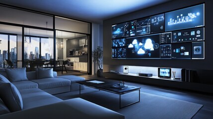 Poster - Modern Smart Home Theater with City View and Advanced Technology Dashboard