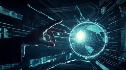 Poster - Human Hand Reaching Out to Futuristic Digital Globe in High-Tech Environment with Data Visualizations
