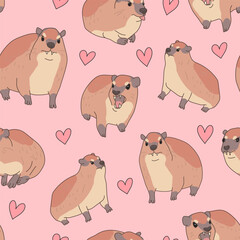 Wall Mural - Seamless pattern. Cute animal rock hyrax with hearts on pink background. Vector illustration for design, wallpaper, packaging, textile. kids collection