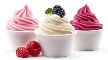 Aufkleber - Vibrant trio of berry-infused yogurts with glossy swirls and fresh ripe toppings : Generative AI