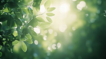 Poster - Sunlight filters through lush green leaves in a tranquil forest setting in springtime. Generative AI