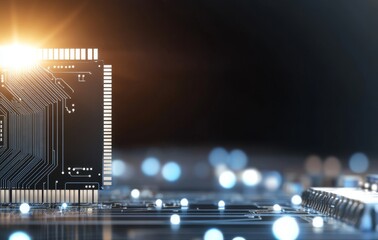 Poster - High Resolution Photograph of a Computer Chip with Circuit Board and Glowing Lights Effects