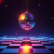 © Woraporn - reflective disco ball suspended above colorful retro futuristic dance floor, creating vibrant atmosphere filled with light and energy
