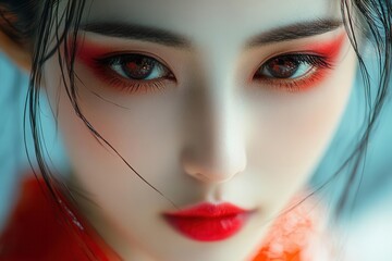 contemporary geisha portrait in chiaroscuro lighting, traditional makeup merging with modern artistic elements, intimate close-up