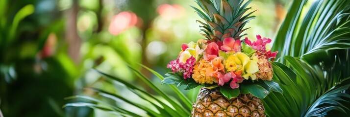 Fototapete - Decoration featuring a pineapple adorned with colorful flowers in a tropical setting during daytime. Generative AI