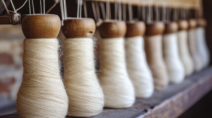 Wall Mural - Wooden Spools of Thread in a Textile Workshop