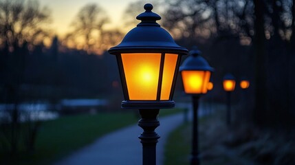 Wall Mural - Warm Glow of Sunset Illuminating Park Pathway with Lampposts