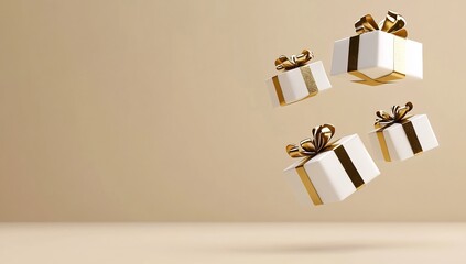 Wall Mural - Elegant Floating Gift Boxes with Golden Ribbons on Minimalist Background