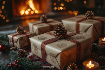 Wall Mural - cozy festive interior with elegantly wrapped gift boxes in gold and burgundy, casting warm shadows from crackling fireplace glow, decorated with pine garlands