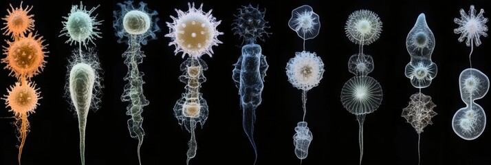 Aufkleber - Sequential evolution of diverse bacteria showcasing unique shapes and characteristics over time. Generative AI