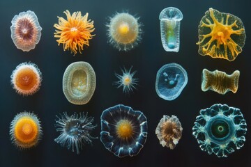 Leinwandbilder - Sequence of evolving bacteria showcasing various shapes and forms under microscope with vibrant colors and intricate details. Generative AI