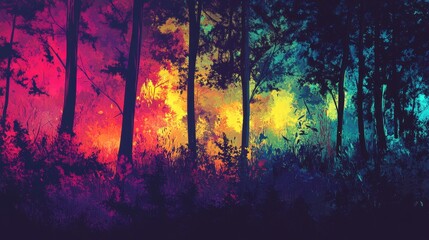 Wall Mural - Vibrant Forest Canopy Illuminated by Colorful Light