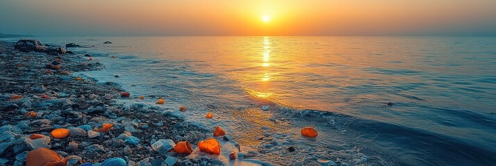 Wall Mural - Sunrise over ocean beach with orange stones.