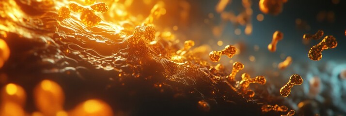 Leinwandbilder - Close up exploration of microbial interactions in vibrant bioluminescent environment. Generative AI