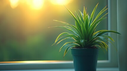 Wall Mural - Indoor plant in pot by window at sunset.