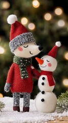 Wall Mural - Snowman and a wolf standing near a Christmas tree, winter postcard