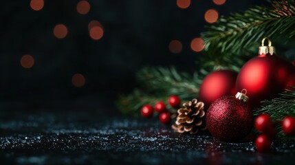 Wall Mural - festive christmas decorations with red ornaments and pine