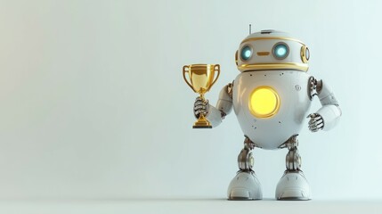 A cute robot holds a golden trophy. Success!