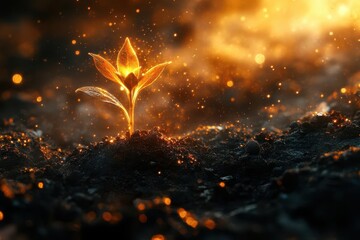 Wall Mural - dramatic macro shot of a delicate seedling breaking through rich dark earth, with morning dew drops 