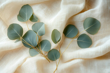 Wall Mural - Eucalyptus leaves arranged on creamy linen fabric, minimalist botanical scene.