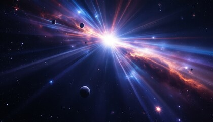 A cosmic light spectacle with a distant star emitting radiant beams across space